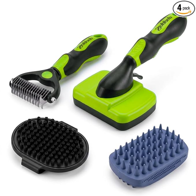 PETIMP STORE 4PCS Self Cleaning Slicker Brush, Pet Grooming Rake, Bath Brush & Massage Brush for Short/Long Haired Dogs, Cats & Horses, Pet Grooming Deshedding Tools - Pet Supplies (Green Black)