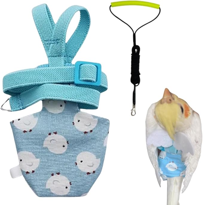 Adjustable Bird Diaper Harness Flight Suit Clothes with 80 Inch Flying Leash Rope for Parrots Conure Cockatiel (Blue,L)