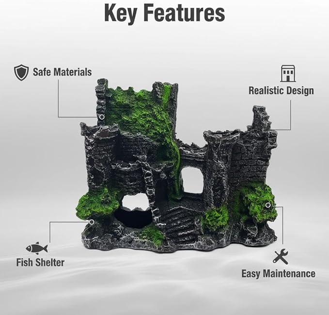 Mipukbay Green Aquarium Decor Castle, Resin Fish Tank Decoration Ornament for Freshwater/Saltwater, Safe Landscape Rock Cave Hideout for Betta Fish, Goldfish and Aquatic Pets
