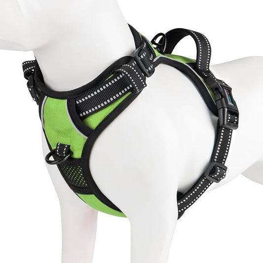 PHOEPET Reflective Dog Harness No Pull Large Breed Vest with 2 Metal Leash Attachment Hooks(L, Green)