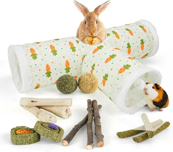 Bunny Tunnels & Tubes Collapsible 3 Way Rabbit Hideout with 13pcs Toys for Bunny Guinea Pig Hamster Chinchilla Hedgehog Rat Ferret Kitten (Fleece Carrot)