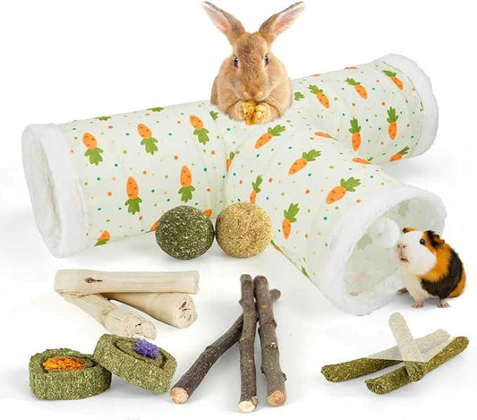 Bunny Tunnels & Tubes Collapsible 3 Way Rabbit Hideout with 13pcs Toys for Bunny Guinea Pig Hamster Chinchilla Hedgehog Rat Ferret Kitten (Fleece Carrot)