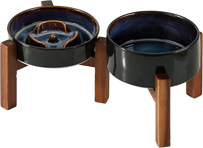 Havniva Elevated Slow Feeder Dog Bowls, 0.9 Cups Slow Feeders 6.1 inch Ceramic Dog Food & Water Bowls Set with Acacia Wood Stand Puzzle Bowls for Fast Eater, Small Dogs Anti-Choking