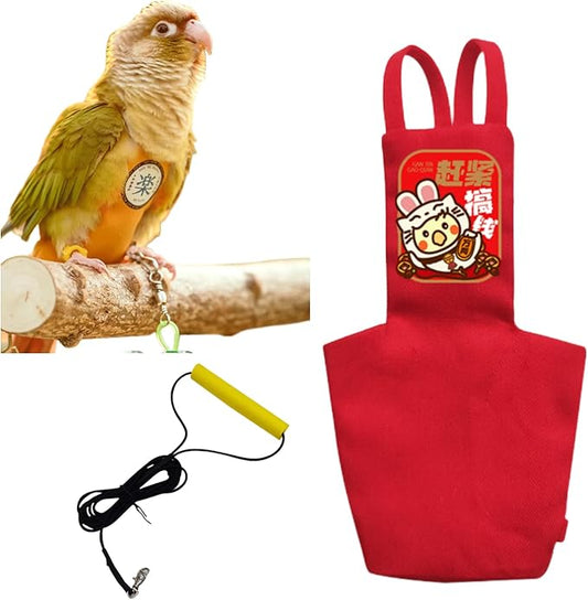 MANON ROSA Bird Diapers Leash Set Washable Reusable Handmade Flight Suit Waterproof Inner Layer - Protective Parrot Nappy Clothes Parakeets Macaws Budgies Canaries (Red3,Blue Quaker Parrot)