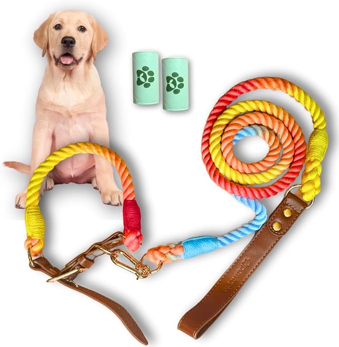 Pawtopia 5FT Dog Leash & Collar Set - Large Dogs, Cotton Braided Rope with Vegan Leather Handle (Brown) with Two Complimentary Rolls of Dog Poop Bags (30 Bags), Durable Clasp (Vivid Rainbow, Large)