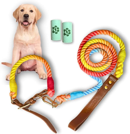 Pawtopia 5FT Dog Leash & Collar Set - Large Dogs, Cotton Braided Rope with Vegan Leather Handle (Brown) with Two Complimentary Rolls of Dog Poop Bags (30 Bags), Durable Clasp (Vivid Rainbow, Large)