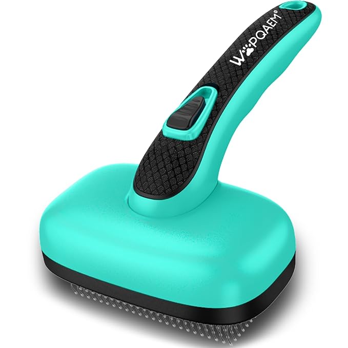 Self Cleaning Slicker Brush for Dog & Cats, Skin Friendly Deshedding Grooming Tool for Shedding Long and Short Haired Pets, Easy Clean Retractable Bristles, Green