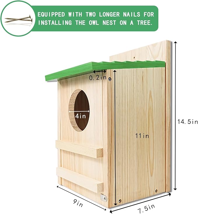 Screech Owl House, Owl Bird Box Large Handmade Wooden Circular Opening Screech Box for Outside with Mounting Screws and A Bag of Wood Shavings, Easy Assembly Required (Green, 9" x 14.5")
