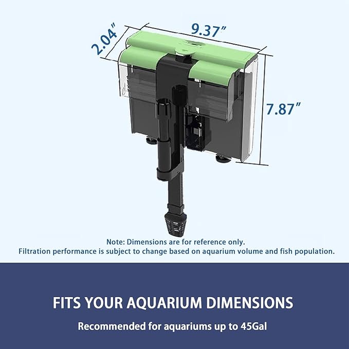 Aquarium Filter Hang on Fish Tank Filters Adjustable Ultra-Quiet Powerful U-V Fish Tank Filter for Aquariums Up to 45 Gal, Green Clean Machine