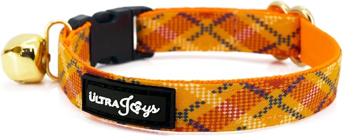 Ultra Joys Cat Collar with Bells - Breakaway for Kittens & Cats - Orange Plaid Small