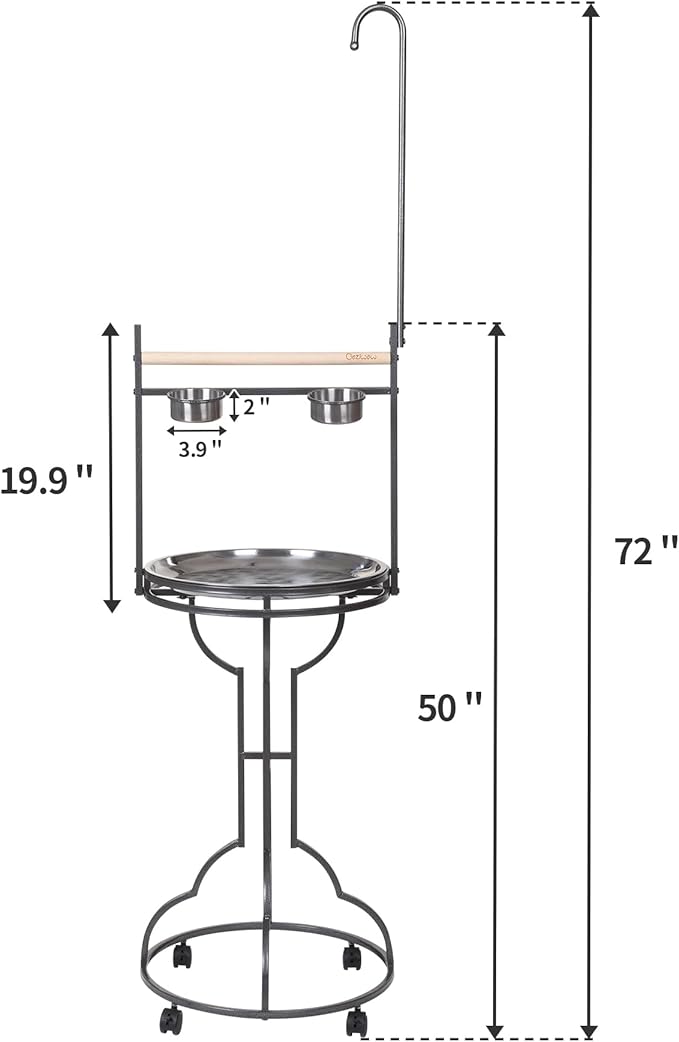 72" Parrot Stand Large Bird Playstand, Wood Perch with Easy Grip Pet Products,Stainless Steel Tray Bowls Toy Hook Rolling Wheel, Wrought Iron Bird Play Ground Rolling Stand