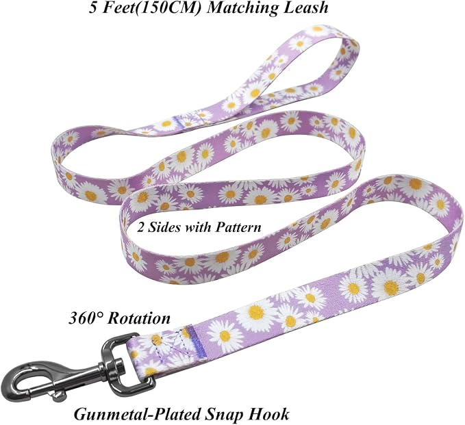 Dog Collar Leash Set, Floral Pattern, Polyester Material, Adjustable Collar and 5ft Matchcing Leash, for Large Dogs.(L, Light Purple Daisy)