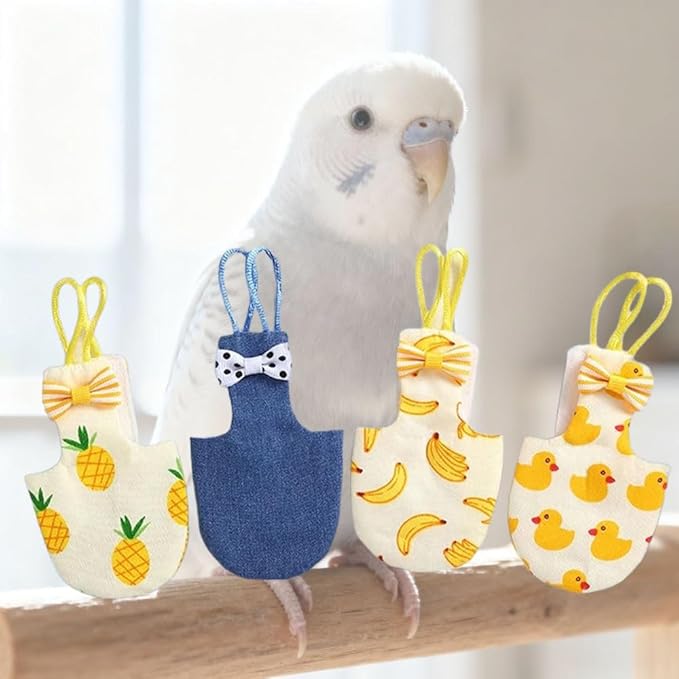 4pcs Bird Diaper Cute Printed Parrots Flight Suit with Bowknot Parrot Nappy Reusable Pigeon Pants Cockatiel Clothes for Parakeet Mini Macaw Budgie Canary - XS
