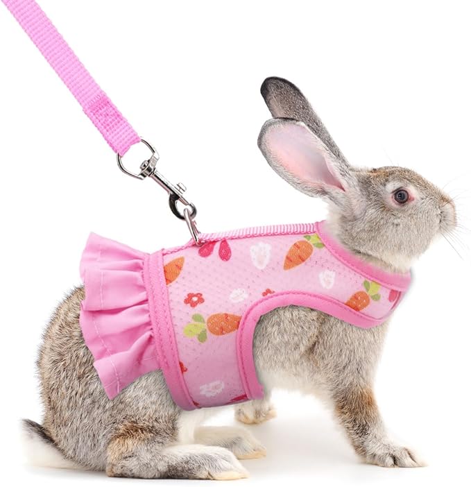 Hotlion Bunny Leash and Harness Set, Cute Breathable Rabbit Harness and Leash Set Soft Mesh Vest Harness for Rabbits Hamster Clothes Kitten Ferret Guinea Pig Puppy Small Pets Walking Gear, Pink M