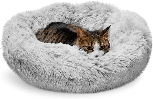 Whiskers & Friends Cat Beds for Indoor Cats, Fluffy Calming Donut Cat Bed, Small Dog Bed Washable - Orthopedic Soft Plush Pet Beds Sized for Kitten to Large Cats & Puppy to Small Dogs, Light Grey 23''