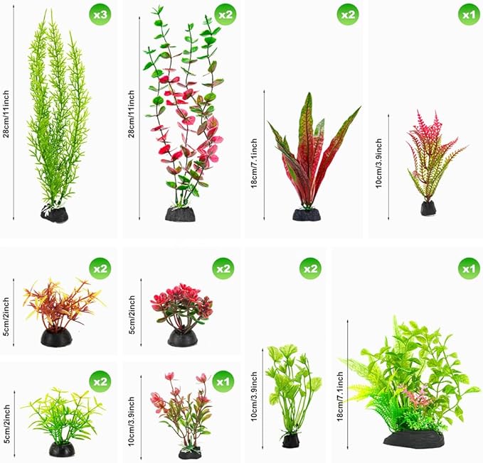 18Pcs Plastic Aquarium Plants, Weighted Base, Red Green Fish Tank Decor | Safe for betta and goldfish. Fresh and saltwater. Tall and short variety pack. Weighted bases hold firm.