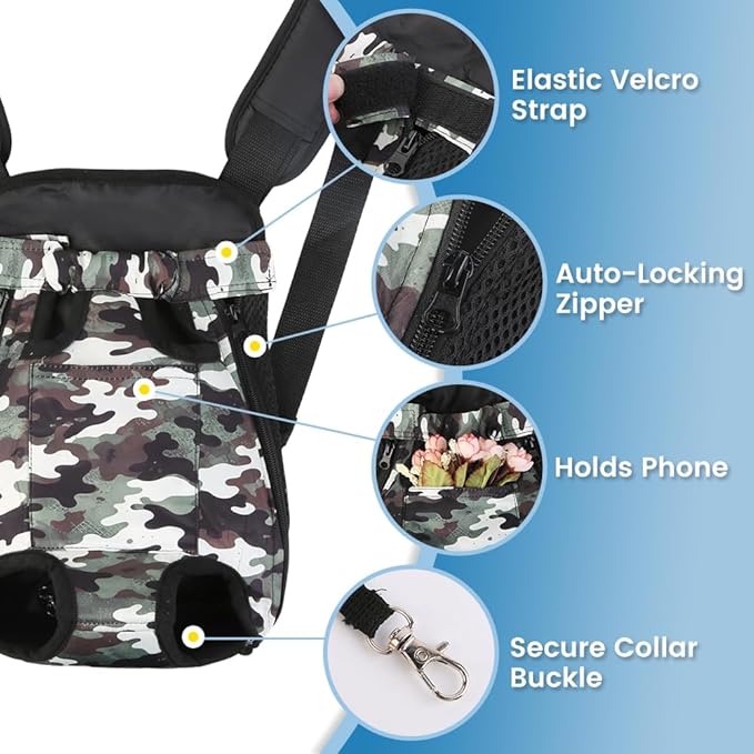 Dog Backpack Carrier, Front Pocket for Essentials, Legs Out Carrying Sling Travel Bag for Small Medium Dogs 4-7 Lbs, Soft Wearable Puppy Chest Carry Backpacks for Walking/Hiking/Camping/Traveling