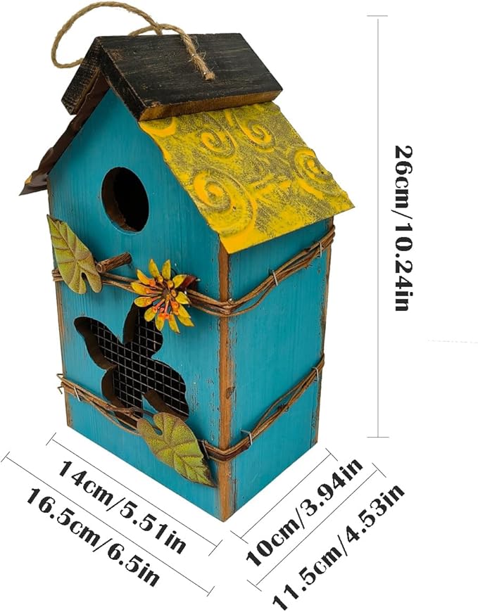 Wood Bird House for Outside, 10" H Hanging Bird House with Waterproof Metal Roof, Vintage Rustic Decorative Birdhouse Wooden Bird Nest Box for Outdoor Garden Yard Decorations (Blue)