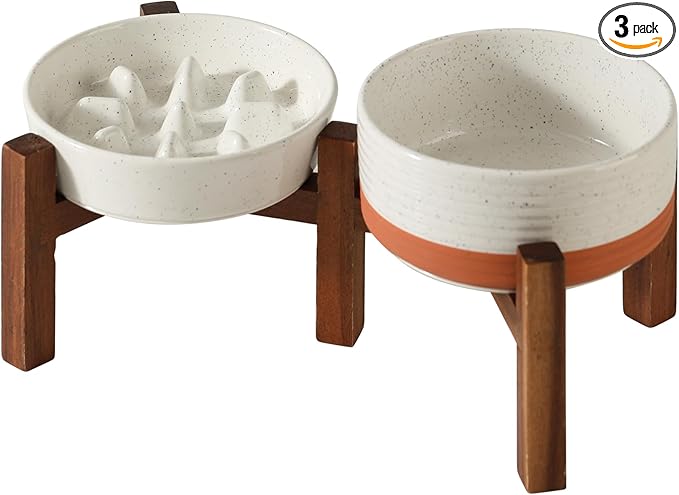 Havniva Elevated Slow Feeder Dog Bowls, 0.9 Cups Slow Feeders 6.1 inch Ceramic Dog Food & Water Bowls Set with Acacia Wood Stand Puzzle Bowls for Fast Eater, Small Dogs Anti-Choking