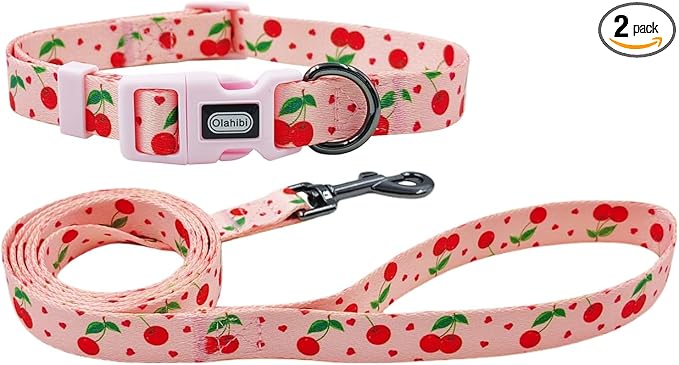 Dog Collar Leash Set, Fruit Pattern, Polyester Material, Adjustable Collar and 5ft Matching Leash, for Small Dogs.(S, Pink Cherry)
