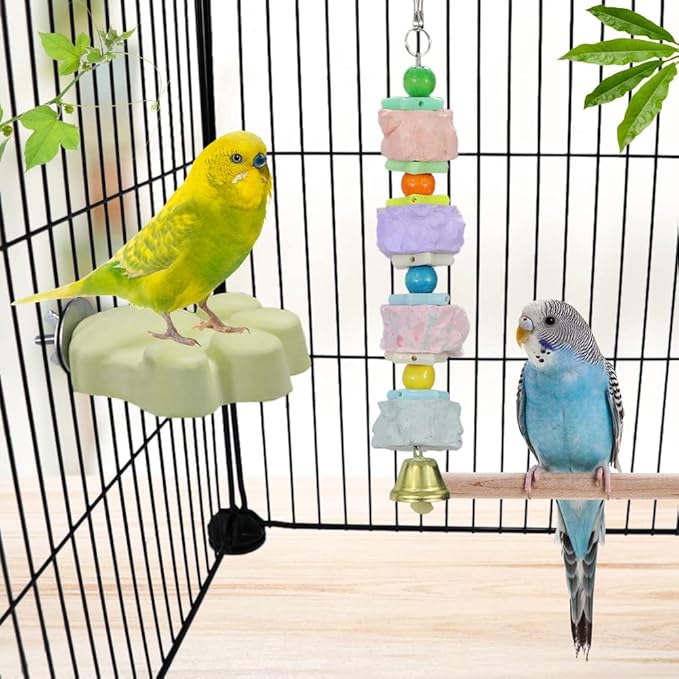 Litewoo Bird Beak Trim Colorful Calcium Stone Parrot Pet Chew Long String Cage Toy with Bell, Chinchilla Grinding Teeth Claw Shape Lava Block for Conure, Budgies, Parakeet, Hamster, Rabbit 2-Pcs