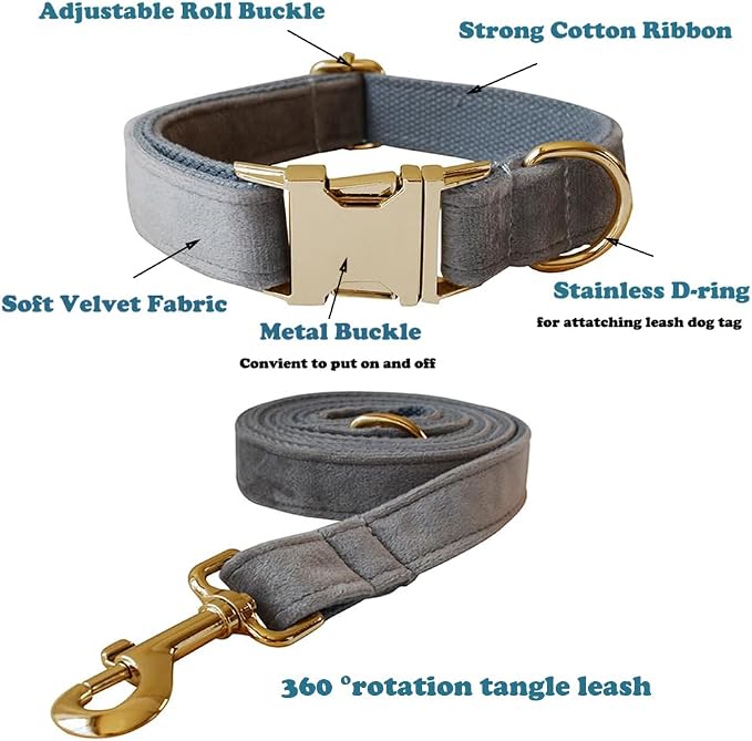 Love Dream Velvet Dog Collar and Leash Set, Soft & Comfy Adjustable Dog Leash and Collar with Heavy Duty Metal Buckle for Small Medium Large Dogs Training & Walking (Large, Grey)