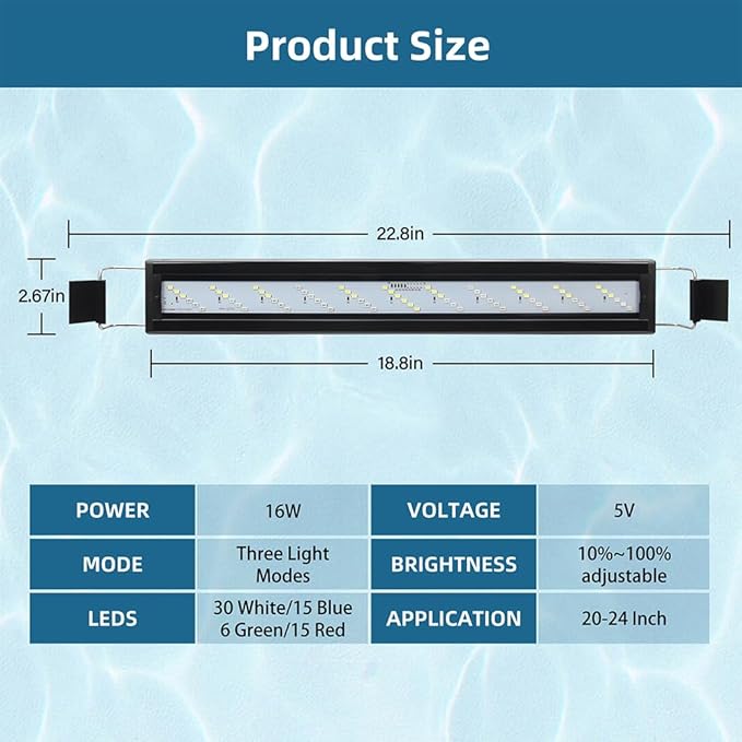 DaToo LED Aquarium Light Full Spectrum Fish Tank Light with Dimmer White Blue Red Green LEDs Fish Tank Light with Three Lighting Modes and Extendable Bracket for 20 Inch to 24 Inch Aquarium