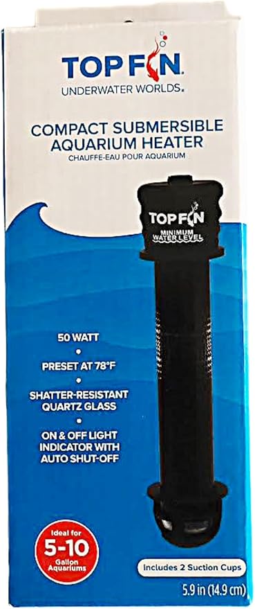Top Fin Compact Subersible Aquarium Heater On & Off Loght Indicator with Auto Shut-Off. (5-10 Gallon Aquarium)