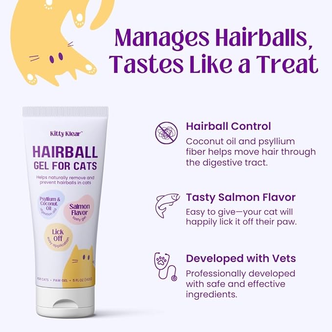 Hairball Gel for Cats - Cat Supplement to Help Reduce & Prevent Hairball - Salmon Flavor, Easy Paw Application Gel