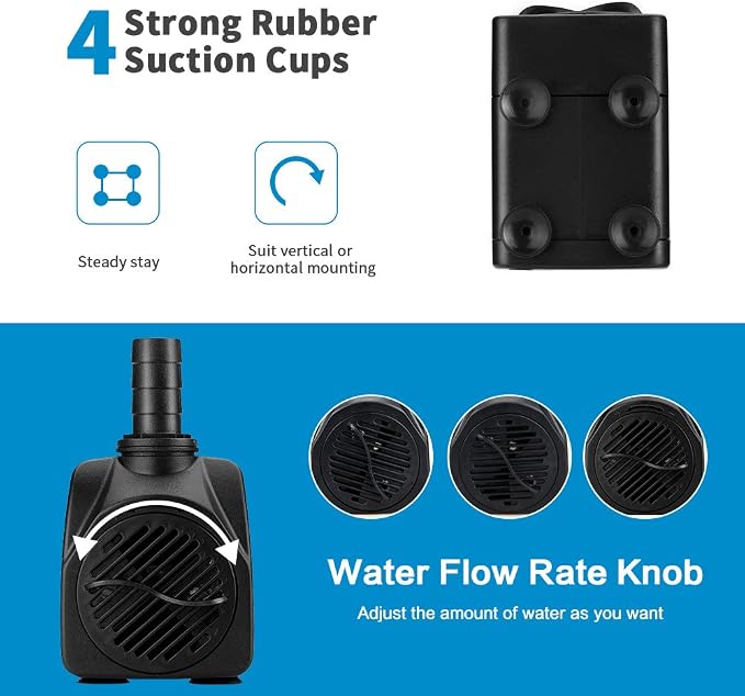 Jhua Water Fountain Pump 300GPH (1100L/H, 21W) Submersible Water Pump, Ultra Quiet Fountain Pumps Submersible Outdoor with 5.9ft Power Cord, 3 Nozzles for Aquarium, Tank, Pond, Statuary, Hydroponics