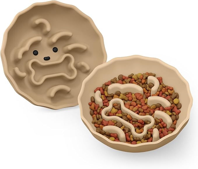 Slow Feeder Dog Bowls Made of Premium Food-Grade Silicone, Anti-Choking & Slow Eating for Improved Digestion, Non-Slip, Soft & Durable, Quiet Dog Bowl, Cute, Dishwasher Safe (Brown, Doggy)