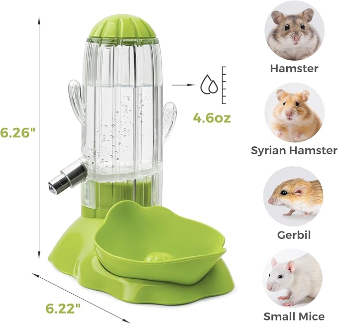 VANNON 2 in 1 Hamster Feeder Small Animal Water Bottle & Food Bowl Water Dispenser & Food Dish Bowl for Hamster, Small Mice, Rat, Gerbil, 4.6oz/130ml, BPA Free, Green