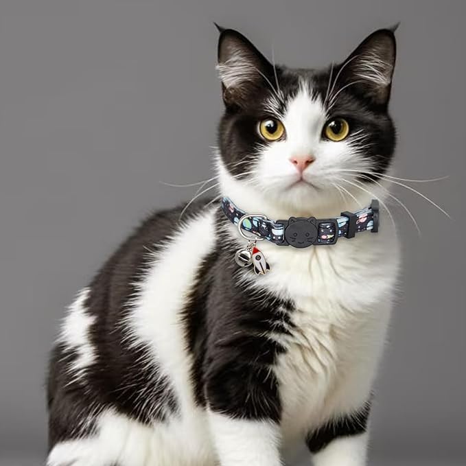 Cat Collar Breakaway, 2 Pack Cotton Kitten Collars with Bells and Removable Charms, Cute Planet Shaped for Indoor Boy, Girl and Adult Cats