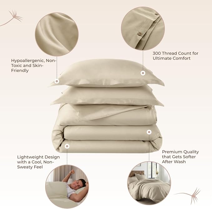 100% Organic Cotton Duvet Cover King Size - Naturally Soft Lightweight & Cooling Duvet Cover Set with Decorative Shams - Premium GOTS Certified 300 Thread Count Sateen Weave (Dune, King)