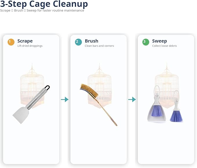 8PCS Bird Cage Cleaning Kit - Heavy Duty Bird Cage Cleaner Set with Stainless Steel Scraper, Wire Brushes, Mini Broom & Dustpan - Complete Deep Cleaning Tools for Parakeet, Parrot & Budgie Cages