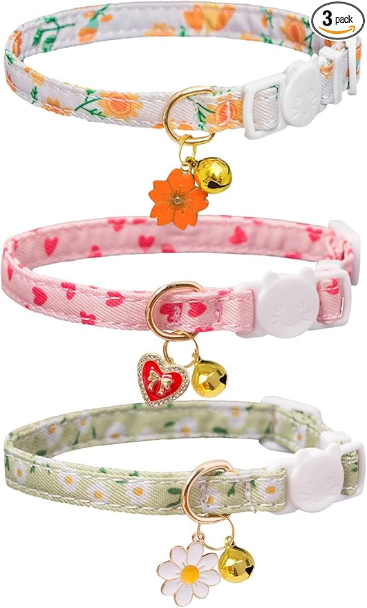 Cat Collar Breakaway with Bells,3 Pack Safety Adjustable Pet Collars,Ideal for Girl Boy Kittens. (Orange Green Pink)
