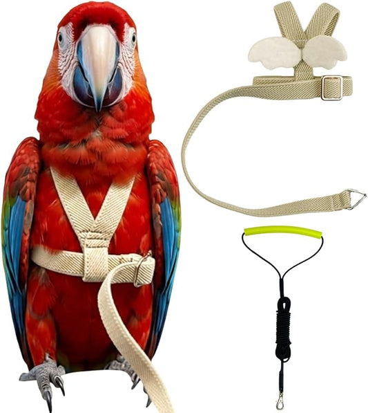 Adjustable Bird Harness with Elastic Leash, Pet Parrot Harness and Leash, Adjustable Training Design Anti-Bite, Bird Nylon Rope with Cute Wing for Conure (Beige,Macaw)
