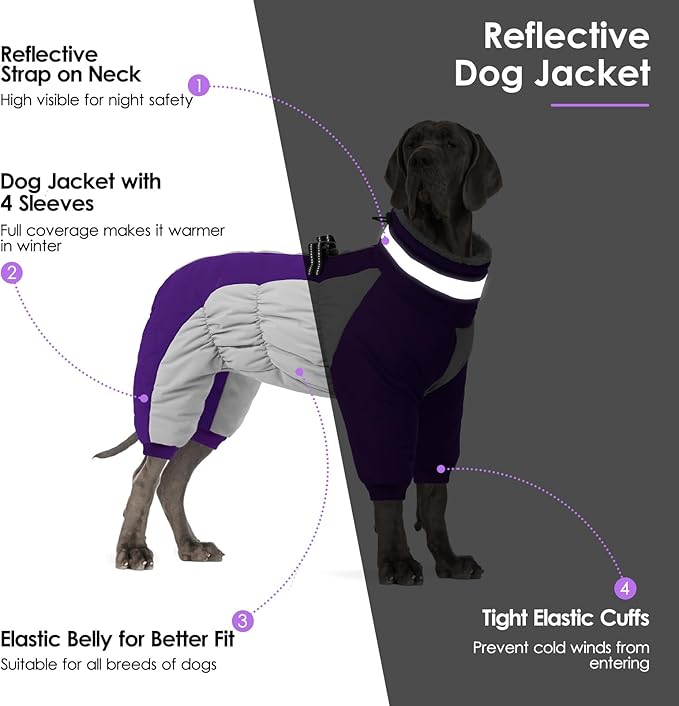 Full Body Dog Coat - Warm Fleece Jacket for Small Dogs, Turtleneck Winter Coats with Harness, Reflective Dog Snowsuit Windproof Puffer Jackets with Legs for Pug, Jack Russel, Purple S