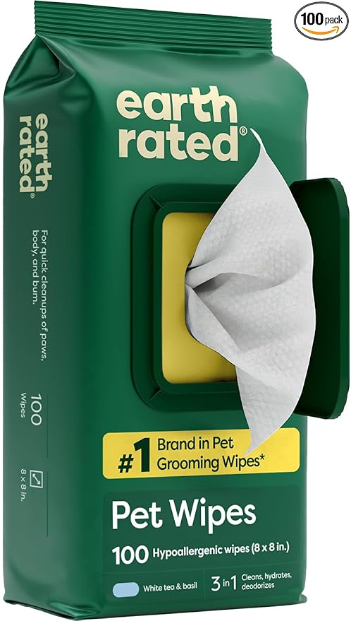 Earth Rated Pet Wipes for Dogs and Cats, Hypoallergenic, 3-in-1 Cleaning, Deodorizing and Hydrating, for Grooming Paws, Body and Butt, New White Tea and Basil Scent, 100 Count