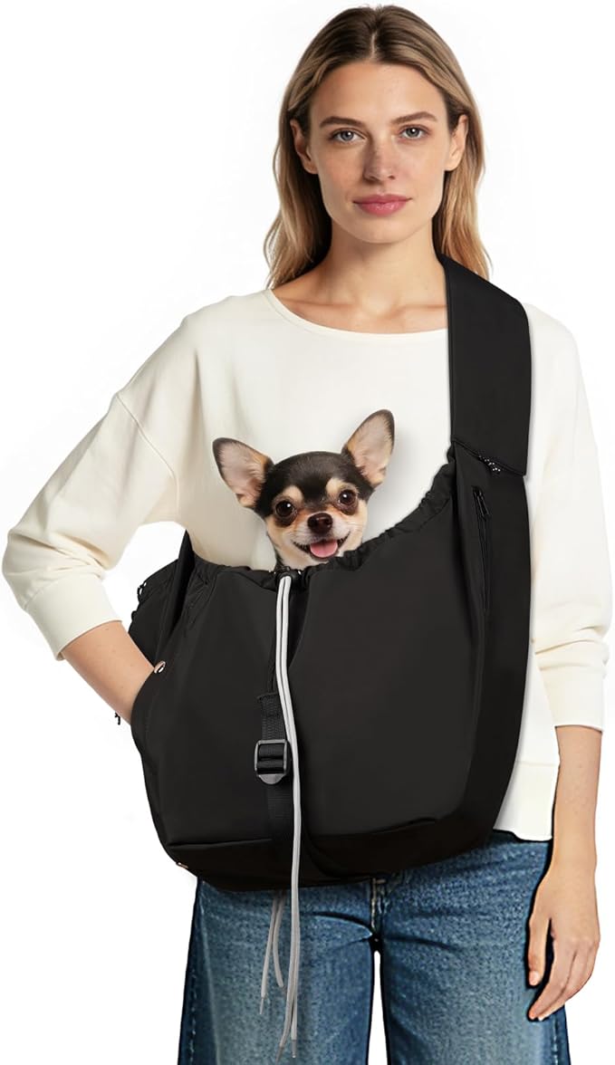Dog Carrier Sling, Dog Carriers for Small Dogs & Cats with Pockets, Puppy Carrier Sling 20 lbs Machine Washable, Adjustable Shoulder Strap, Hands Free for Family Outdoor Use (Black)