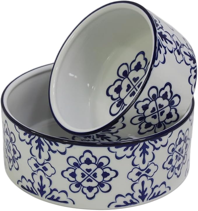 Ceramic 27 OZ Dog Bowls, Dog Food and Water Bowls Anti-Slip Dishes for Cats Small & Medium Sized Dogs Cats, Weighted Pet Bowls Vintage Blue and White,3.5 Cups