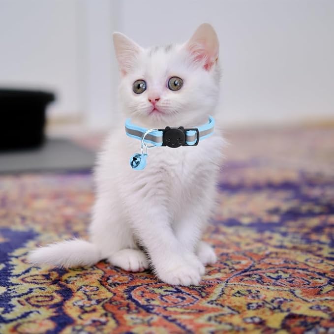 MJIYA Reflective Cat Collar with Bell, Breakaway Grid Collar with Plastic Buckle, Girl Boy Pet Kitty Collars Adjustable 7.5-12.5 Inch (Light Blue)