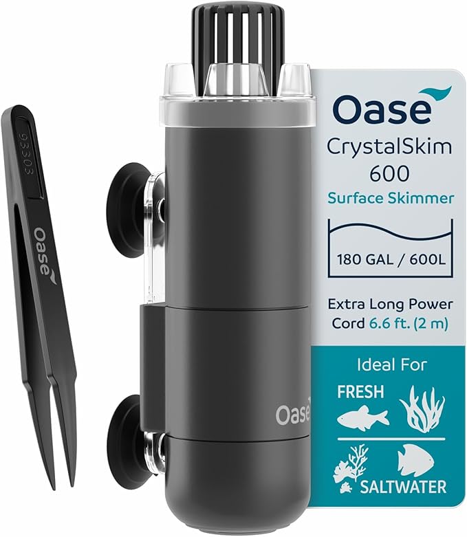 OASE CrystalSkim 600 Surface Skimmer for Freshwater and Marine Aquariums – Compact Internal Filter for Film Oil and Debris Removal, Quiet, Adjustable Flow, Shrimp-Safe, for Tanks up to 160 Gal / 600 L