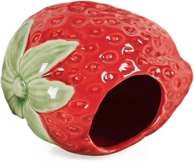 Strawberry Ceramic Hamster Hideout, Summer Cool Cave for Small Pets, Chew Resistant & Easy Clean Hamster House, Decorative Hideaway for Syrian Dwarf Hamsters, Mice (Strawberry - Red)