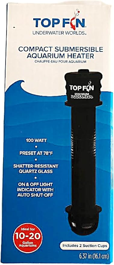 Top Fin Compact Subersible Aquarium Heater On & Off Loght Indicator with Auto Shut-Off. (10-20 Gallon Aquariums)