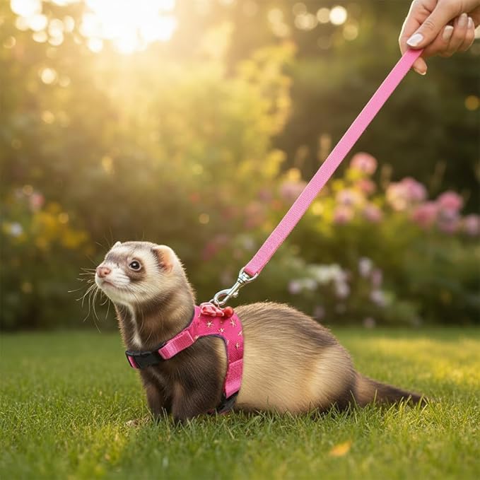 Hypeety Small Animal Harness Vest and Leash Set Soft Mesh Harness Outdoor Leash Traction Rope for Small Pet Hamster Rabbit Guinea Pig Ferret Kitten (M, Pink Star)