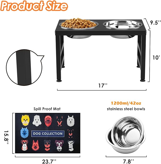 ADENGL Metal Raised Dog Bowl, 10" Tall Elevate Dog Feeder Stand with 2 Stainless Steel 42oz Bowls & 16x24 Non-Slip Mat – Stronger Dogs Food & Water Bowl Stand (Black)