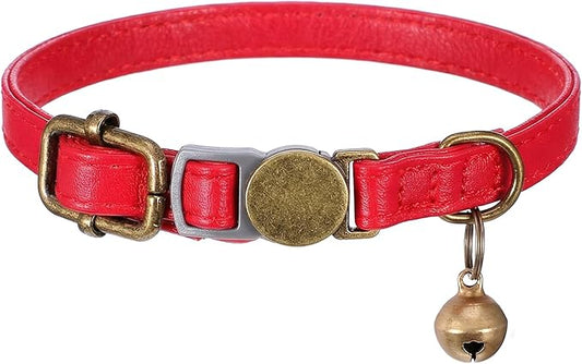 salbsever Red Cat Collar, Breakaway Leather Cat Collar Adjustable Red Kitten Collars with Bell Quick Release Buckle for Most Cats and Kittens