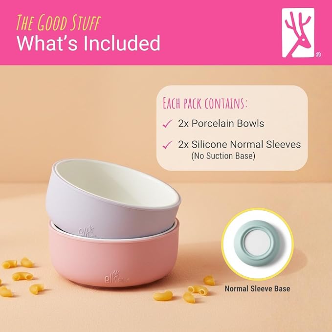 Elk and Friends Kids Porcelain Bowls with Silicone Sleeves | Suitable for Babies/Toddlers | Microwave & Dishwasher Safe | Non Slip Dinnerware | Snack Dishes | 2 Pack