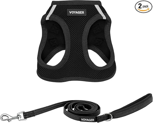 Best Pet Supplies Voyager Step-in Air All Weather Mesh Harness and Reflective Dog 5ft Leash Combo with Neoprene Handle, for Small, Medium and Large Breed Puppies - Black, XXX-Small